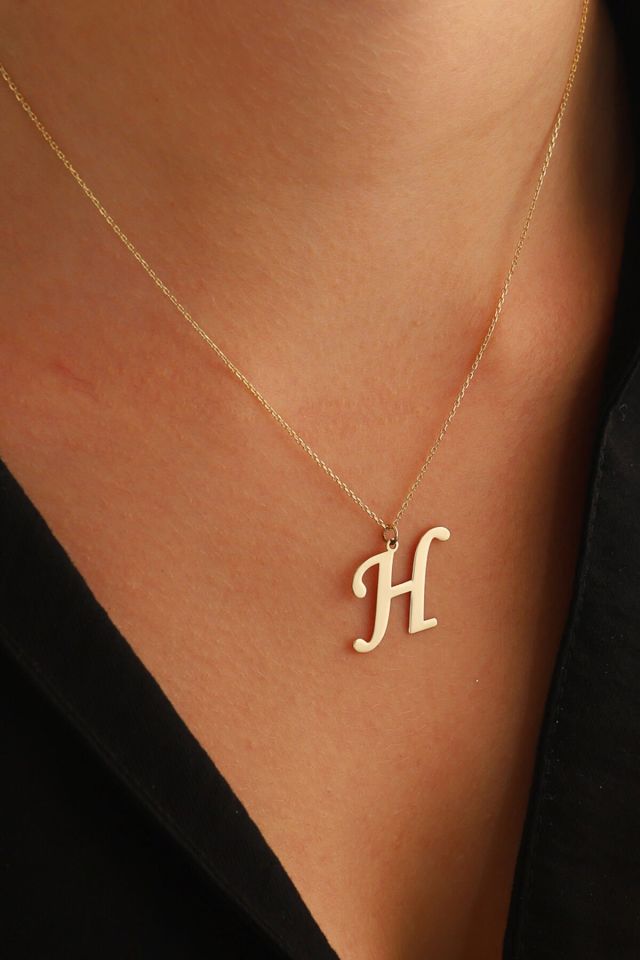 MOOM MÜCEVHERAT Kadın 14 Ayar Altın Harf Kolye El işi A & Z Harfi Altın Kolye Zincirli Harf Kolye 42 Cm H