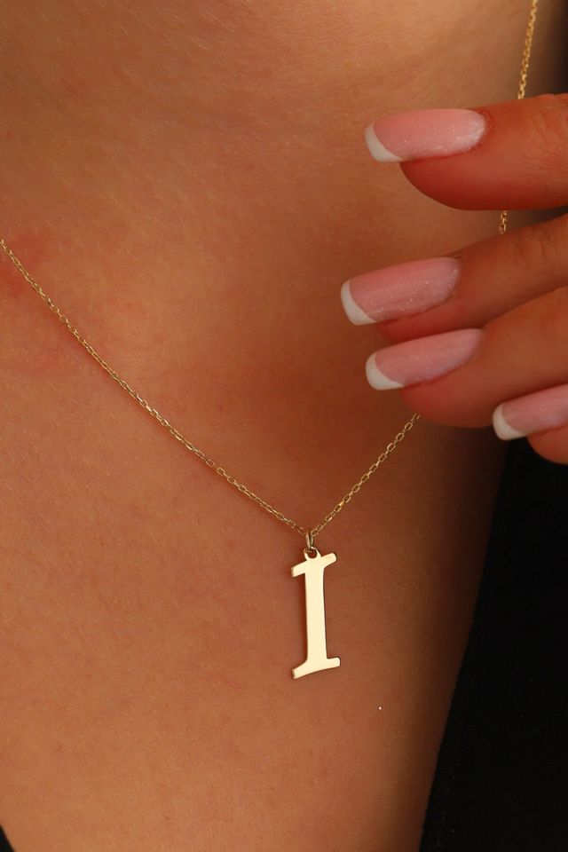 MOOM MÜCEVHERAT Kadın 14 Ayar Altın Harf Kolye El işi A & Z Harfi Altın Kolye Zincirli Harf Kolye 42 Cm I