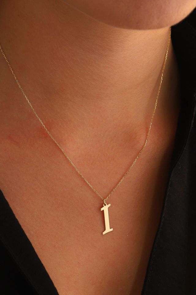 MOOM MÜCEVHERAT Kadın 14 Ayar Altın Harf Kolye El işi A & Z Harfi Altın Kolye Zincirli Harf Kolye 42 Cm I