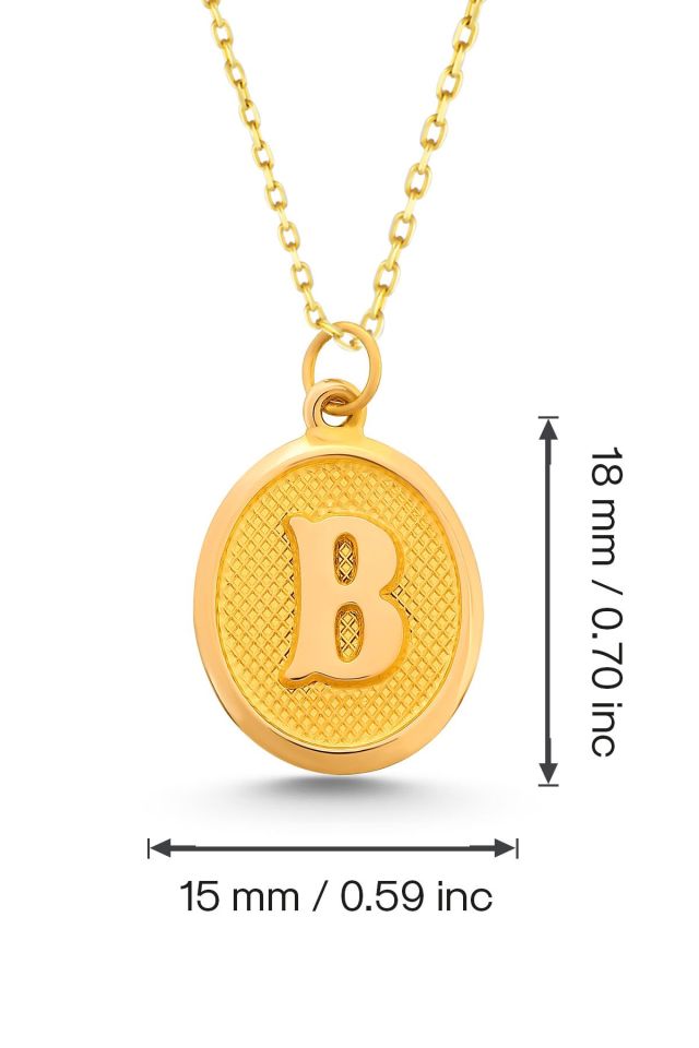Moom Mücevherat Kadın 14 Ayar Altın Harf Kolye Nostaljik Oval A & Z Harf Altın Kolye Zincirli 42 Cm B