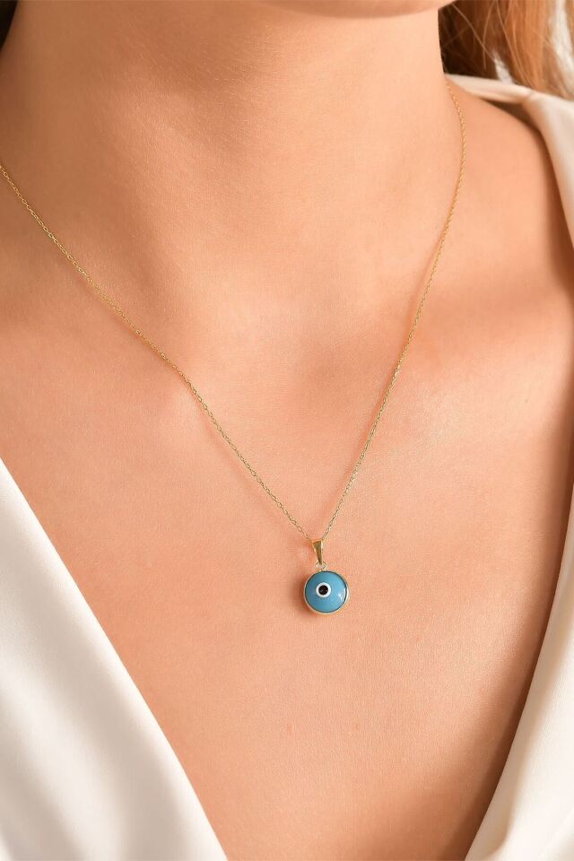 Kadın 14 Ayar Altın Açık Mavi Nazar Göz Kolye