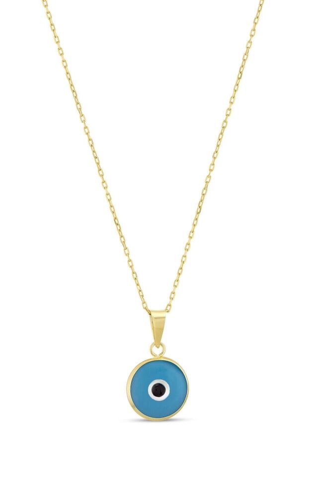 Kadın 14 Ayar Altın Açık Mavi Nazar Göz Kolye