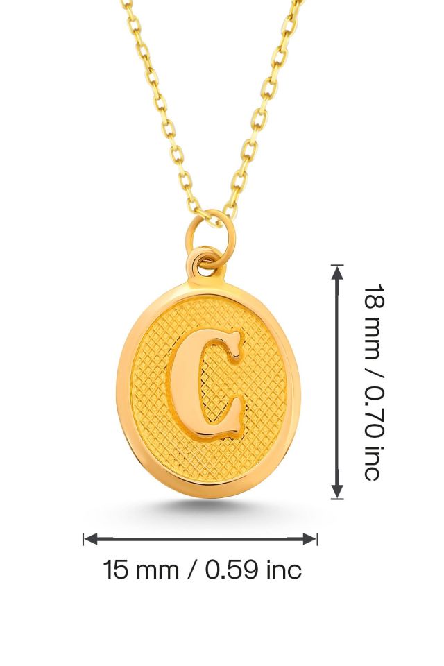 Moom Mücevherat Kadın 14 Ayar Altın Harf Kolye Nostaljik Oval A & Z Harf Altın Kolye Zincirli 42 Cm C
