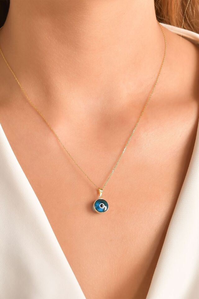 Kadın 14 Ayar Altın Nazar Göz Serisi Mavi Taşlı Kolye