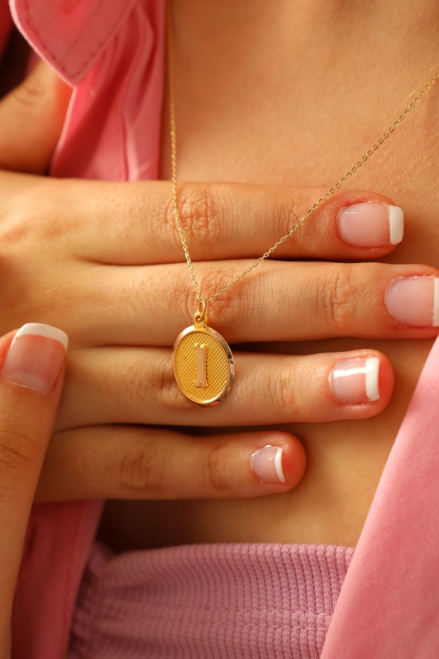 Moom Mücevherat Kadın 14 Ayar Altın Harf Kolye Nostaljik Oval A & Z Harf Altın Kolye Zincirli 42 Cm I