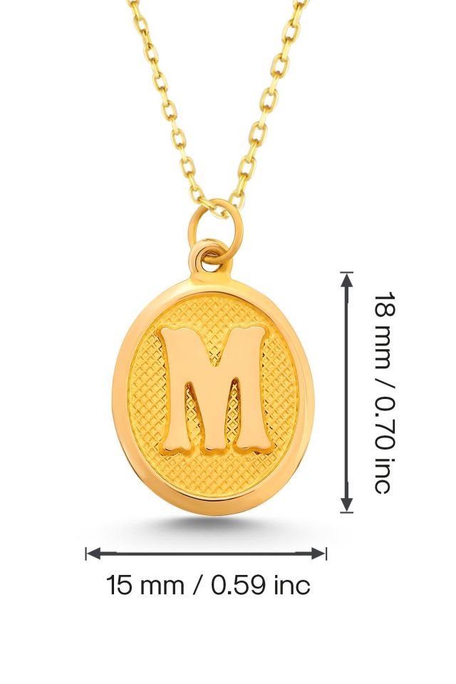 Moom Mücevherat Kadın 14 Ayar Altın Harf Kolye Nostaljik Oval A & Z Harf Altın Kolye Zincirli 42 Cm M