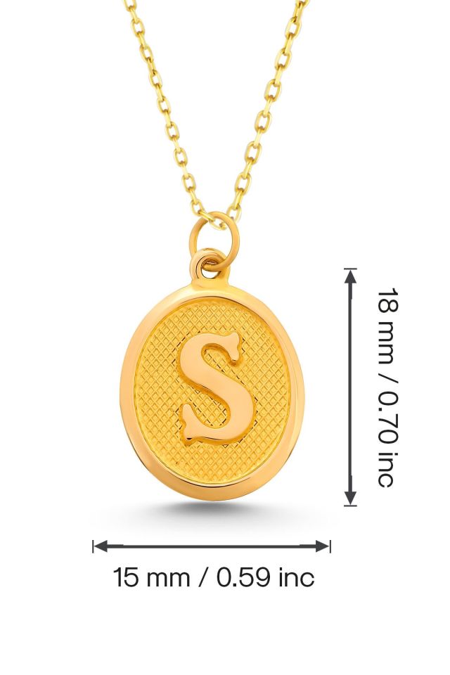 Moom Mücevherat Kadın 14 Ayar Altın Harf Kolye Nostaljik Oval A & Z Harf Altın Kolye Zincirli 42 Cm S