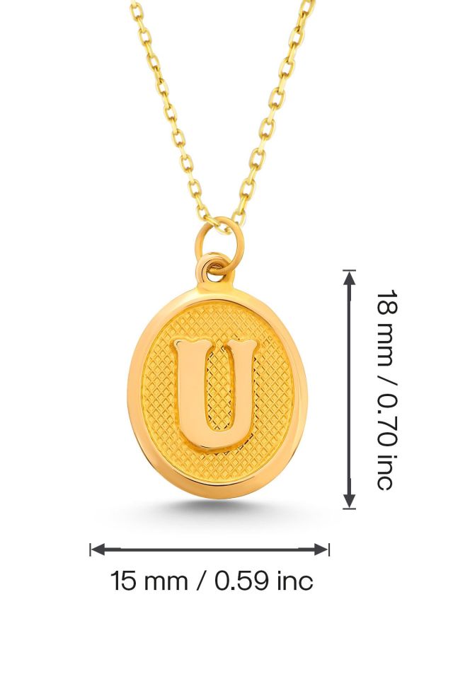 Moom Mücevherat Kadın 14 Ayar Altın Harf Kolye Nostaljik Oval A & Z Harf Altın Kolye Zincirli 42 Cm U