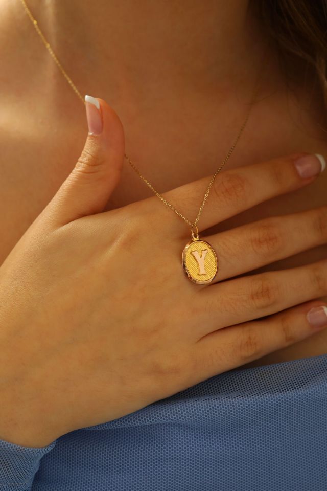 Moom Mücevherat Kadın 14 Ayar Altın Harf Kolye Nostaljik Oval A & Z Harf Altın Kolye Zincirli 42 Cm Y