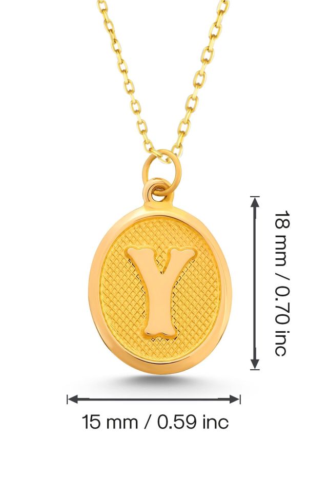 Moom Mücevherat Kadın 14 Ayar Altın Harf Kolye Nostaljik Oval A & Z Harf Altın Kolye Zincirli 42 Cm Y