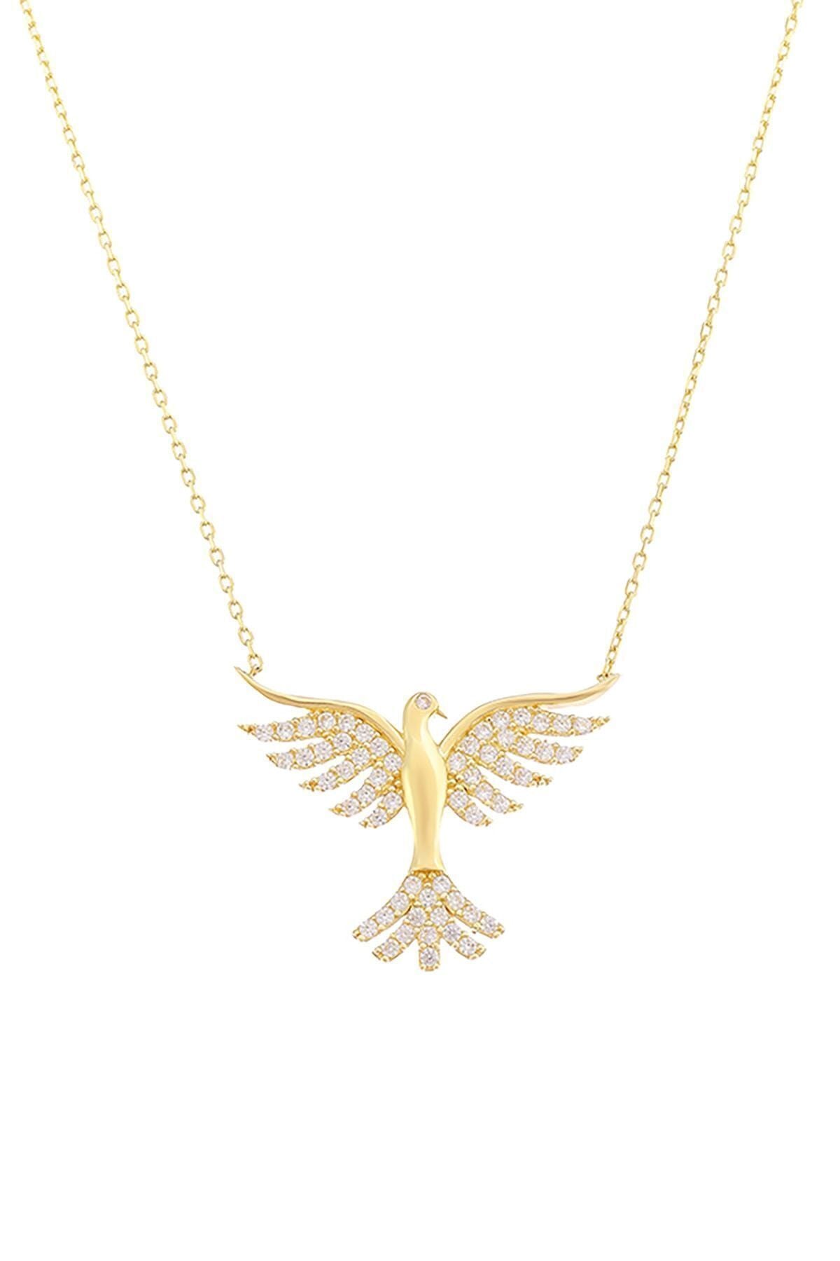 Kadın 14 Ayar Altın Fantezi Taşlı Zümrüdü Anka Kuşu Kolye