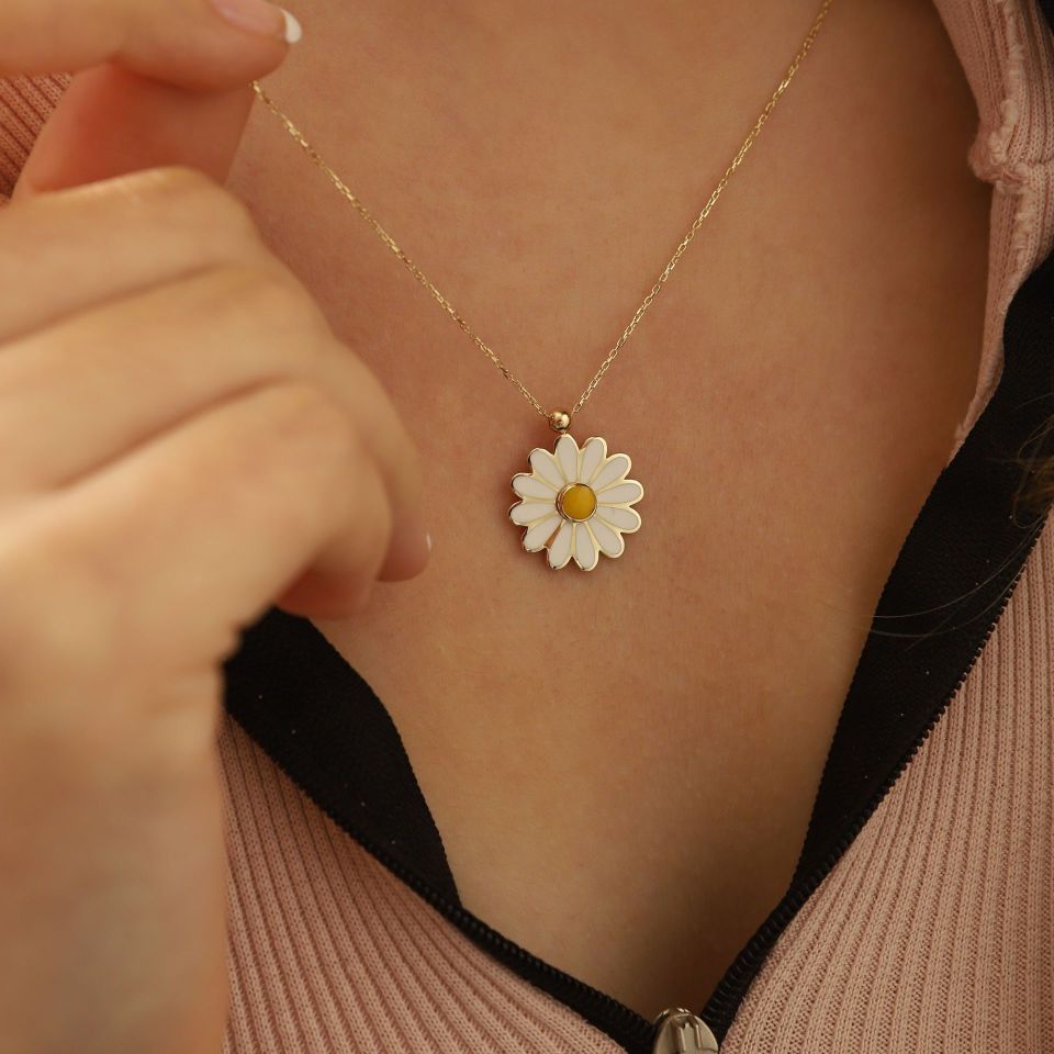 Moom Mücevherat Kadın 14 Ayar Altın Mineli Papatya Kolye ''45 cm''