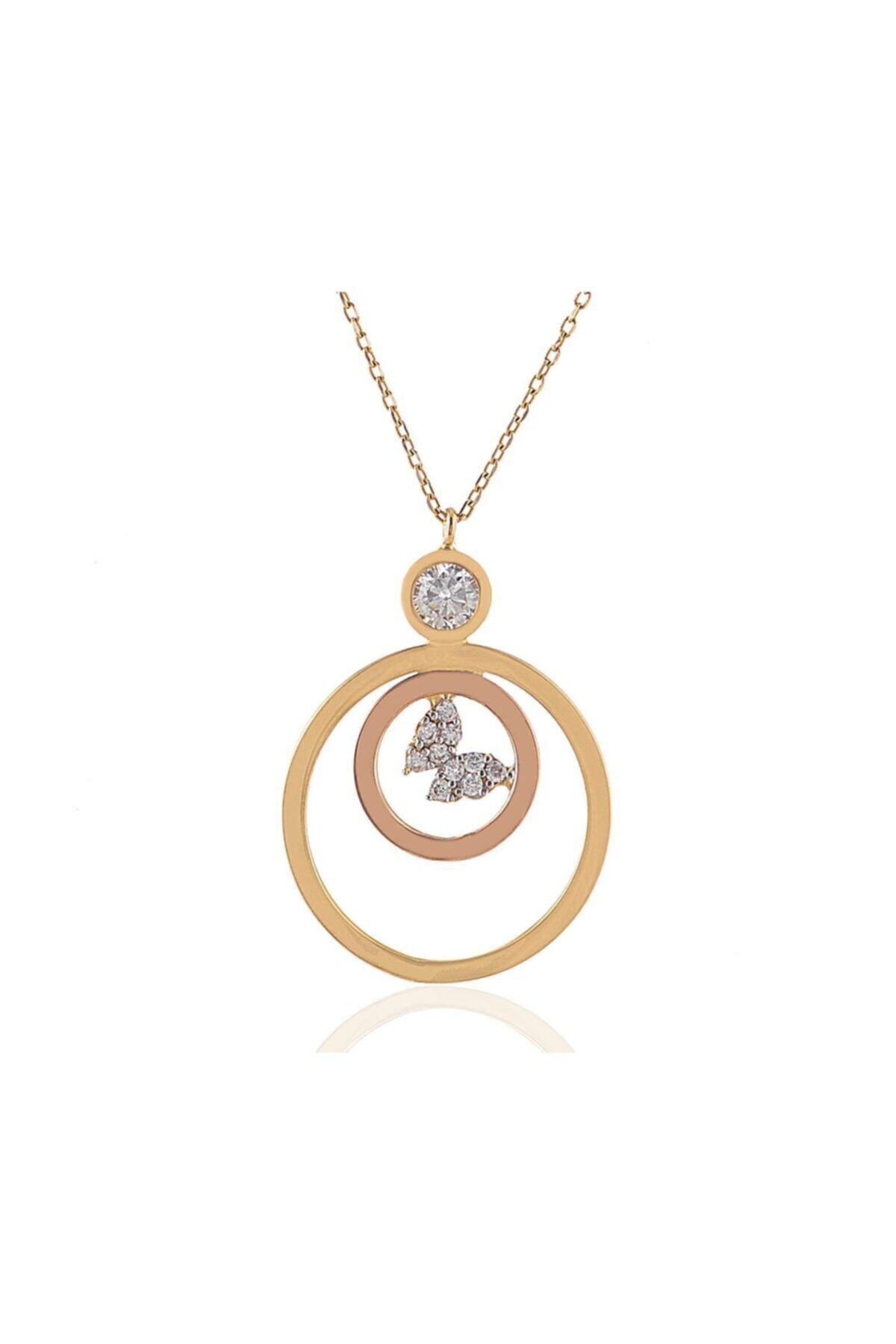 Kadın Yeşil Beyaz Rose Üç Renk Kelebekli Kolye 14 Ayar Altın