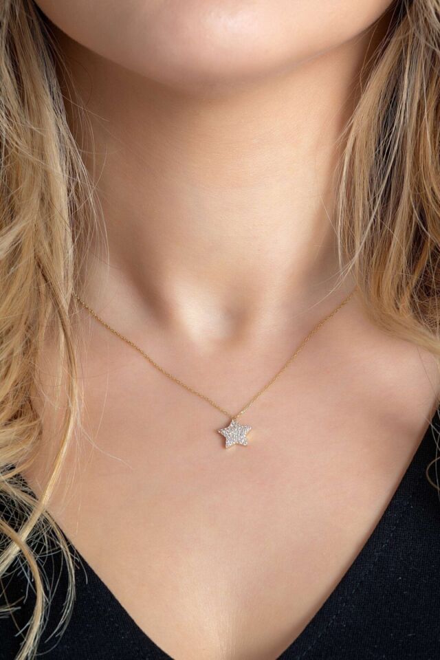 Kadın Taşlı Yıldız Kolye 14 Ayar Altın