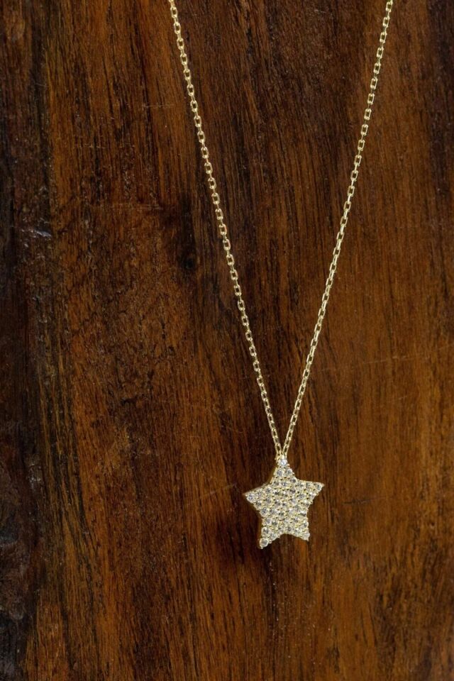 Kadın Taşlı Yıldız Kolye 14 Ayar Altın