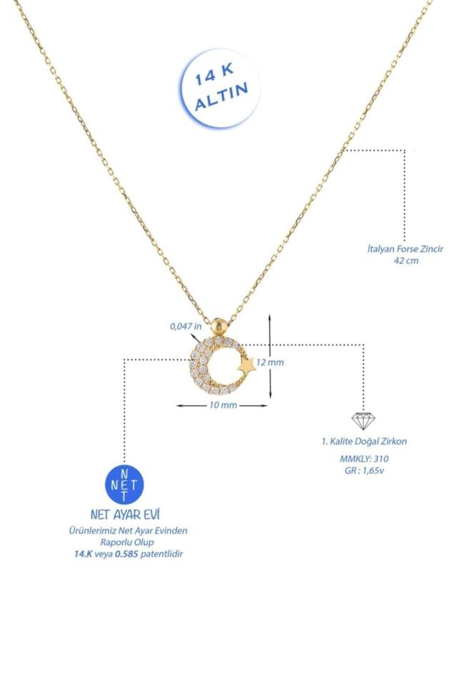 Kadın Ay Yıldız Taşlı Kolye 14 Ayar Altın