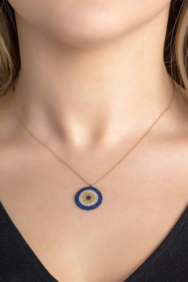 Kadın Göz Boncuklu Renkli Kolye 14 Ayar Altın