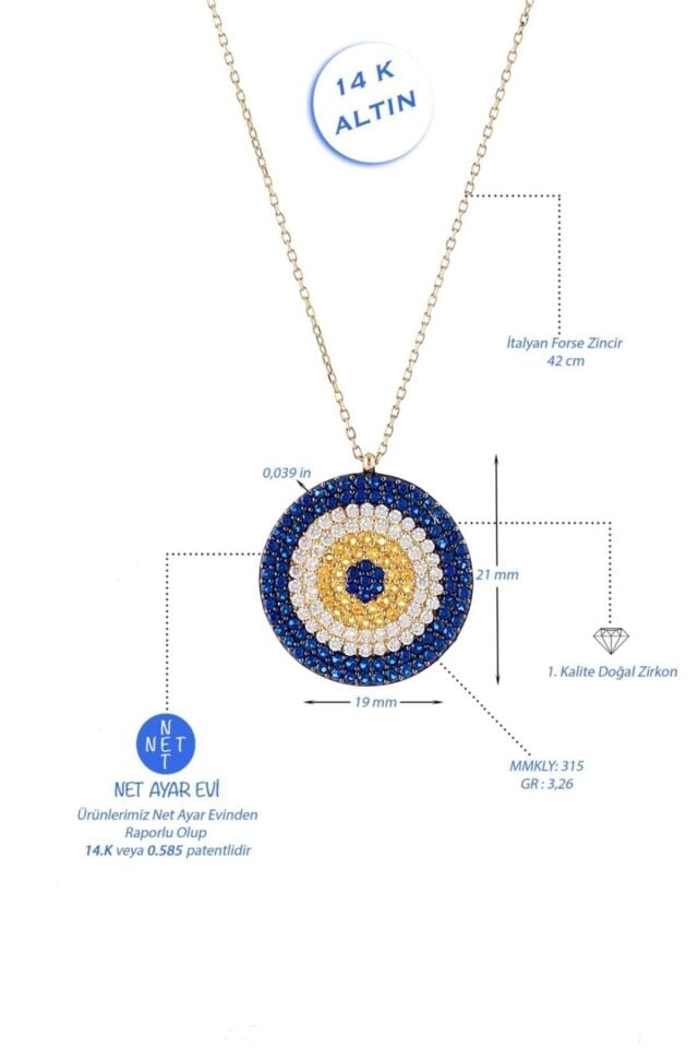 Kadın Göz Boncuklu Renkli Kolye 14 Ayar Altın