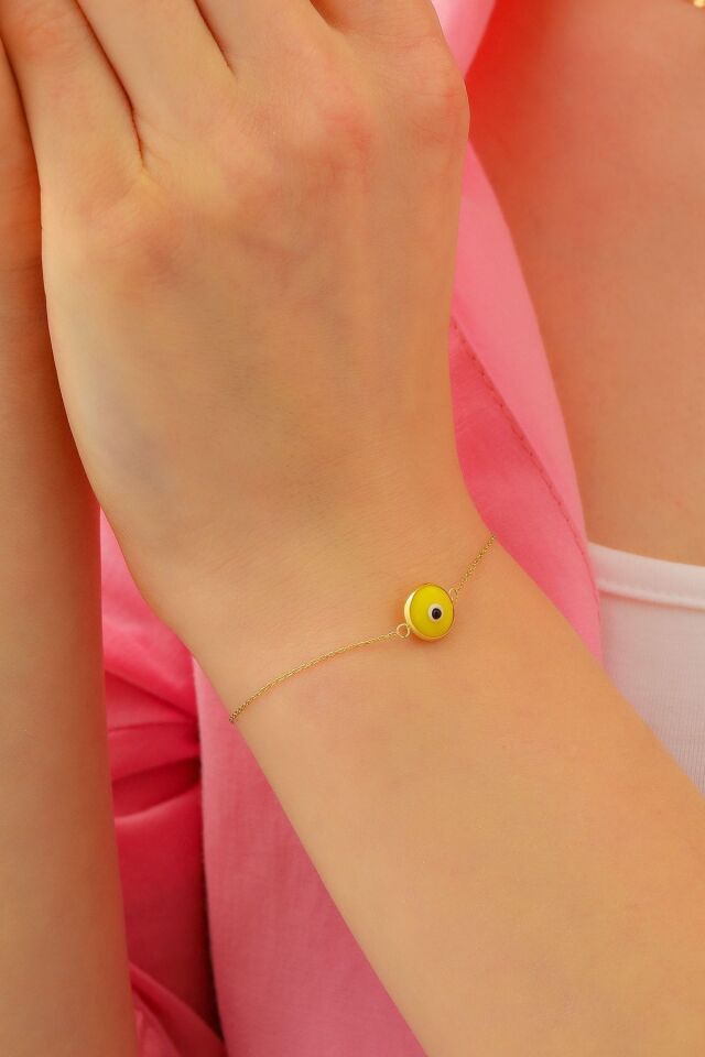 14 Ayar Altın Nazar Gözlü Bileklik Koyu Sarı - 18 Cm