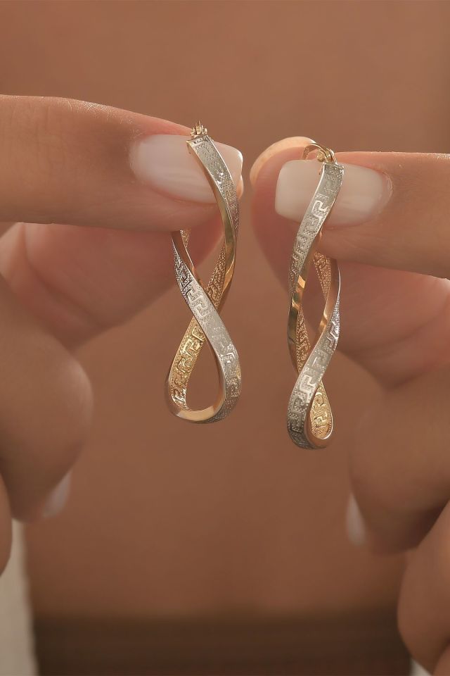 Moom Mücevherat Kadın 14 Ayar Altın 2 Renk Sarı Beyaz Grek Desenli Sonsuzluk Küpe