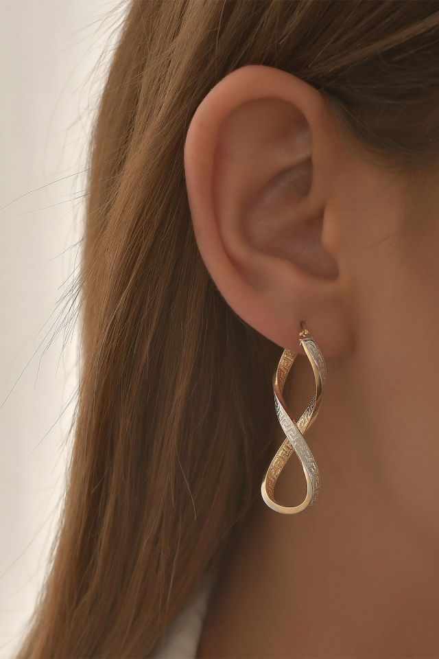 Moom Mücevherat Kadın 14 Ayar Altın 2 Renk Sarı Beyaz Grek Desenli Sonsuzluk Küpe