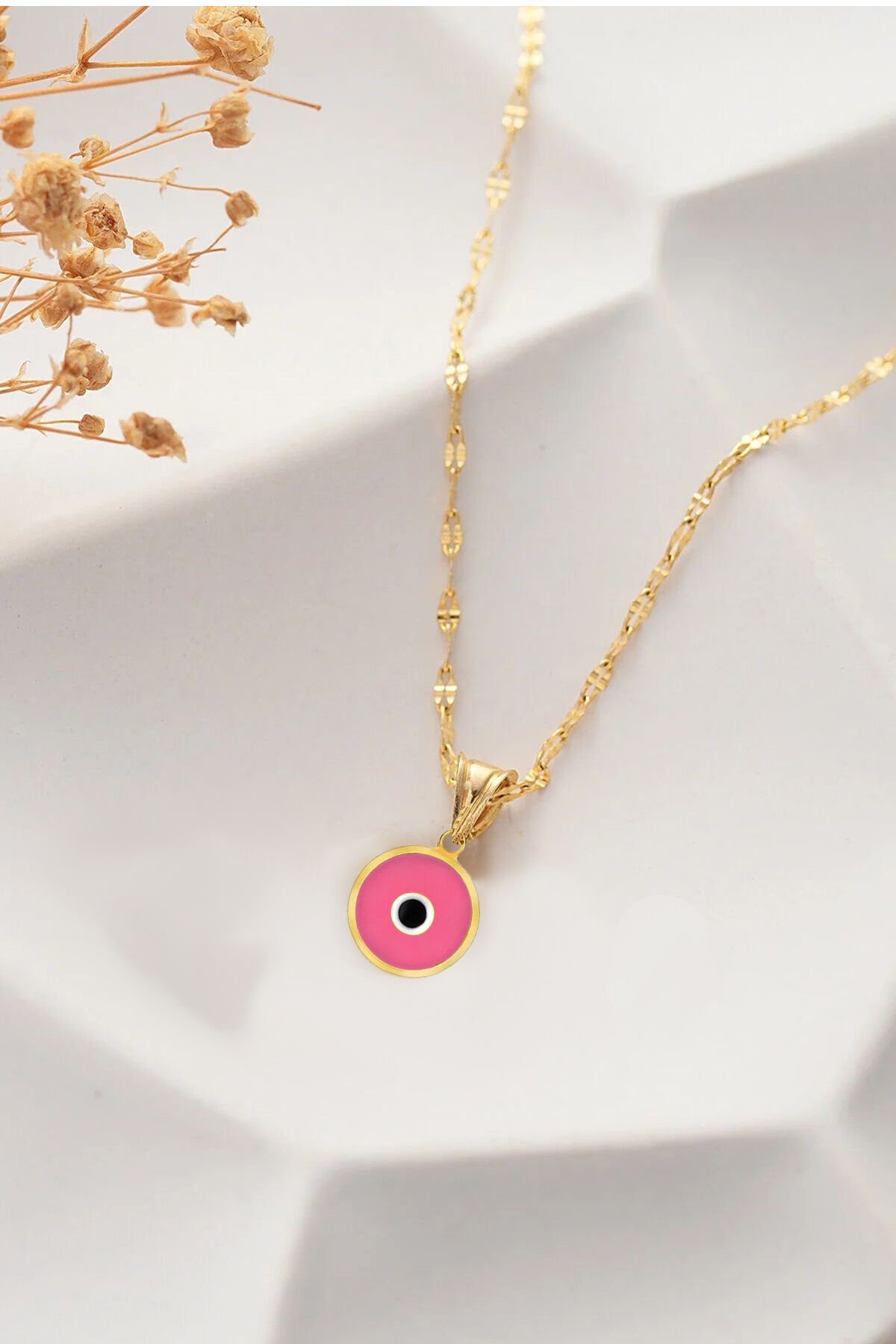 14 Ayar Altın Nazar Gözlü Aynalı Zincirli Kolye Pembe - 55 Cm