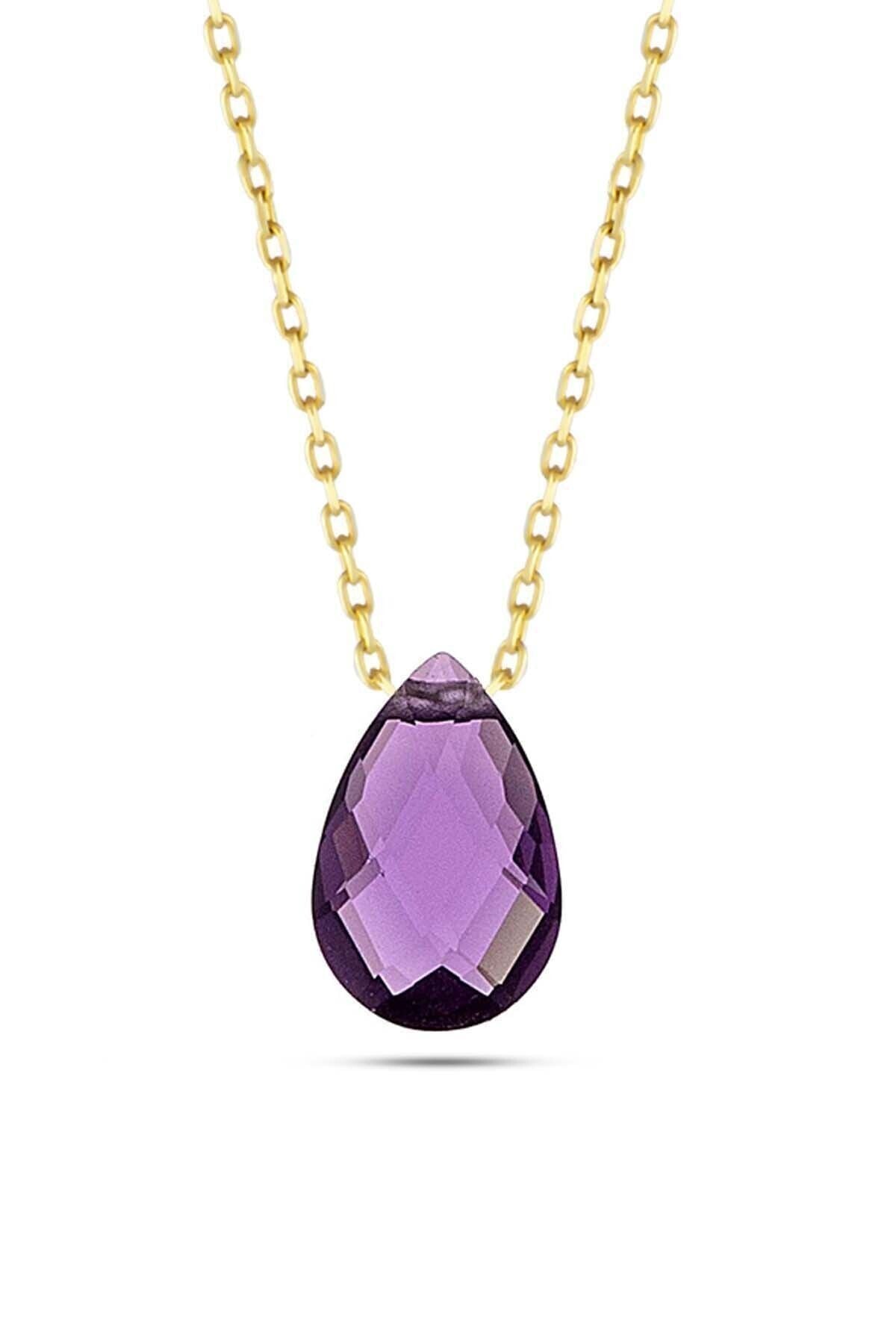 Kadın Mor Damla Taşlı Kolye 14 Ayar Altın