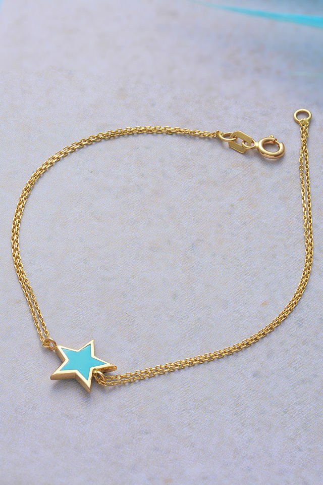 MOOM MÜCEVHERAT 14 Ayar Altın Mineli Yıldız Bileklik (16cm,17cm,18cm,19cm,20cm,21cm)
