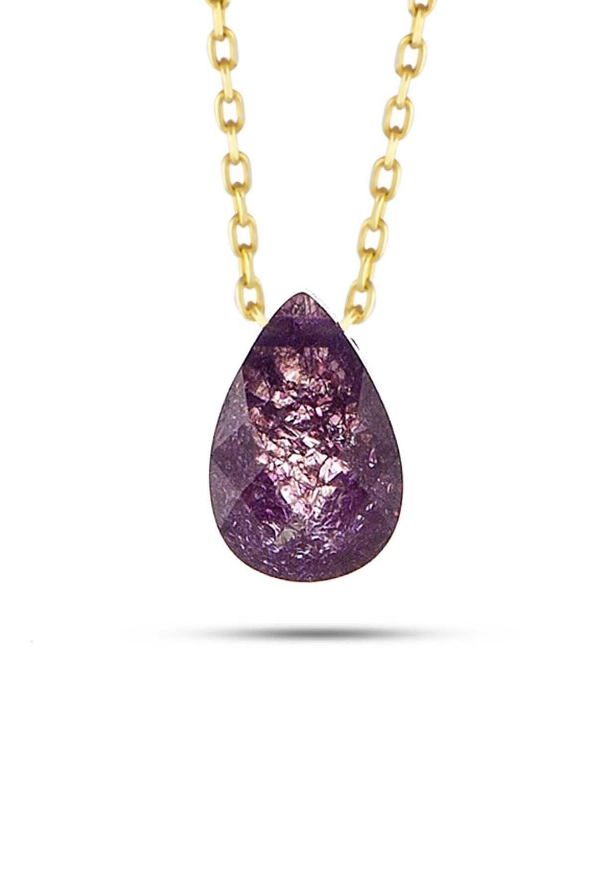 Kadın Mor Damla Doğal Taşlı Kolye 14 Ayar Altın