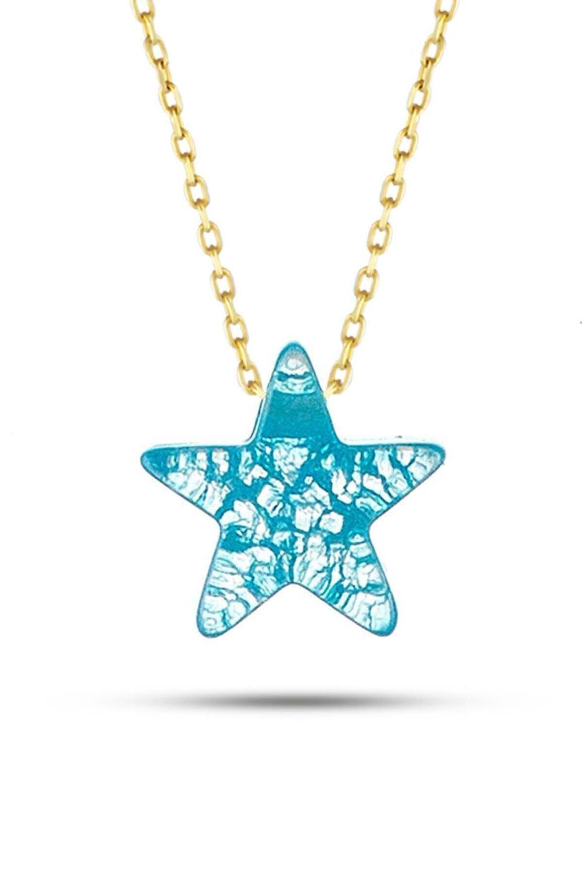 Kadın Yıldız Desenli Doğal Taş Kolye 14 Ayar Altın