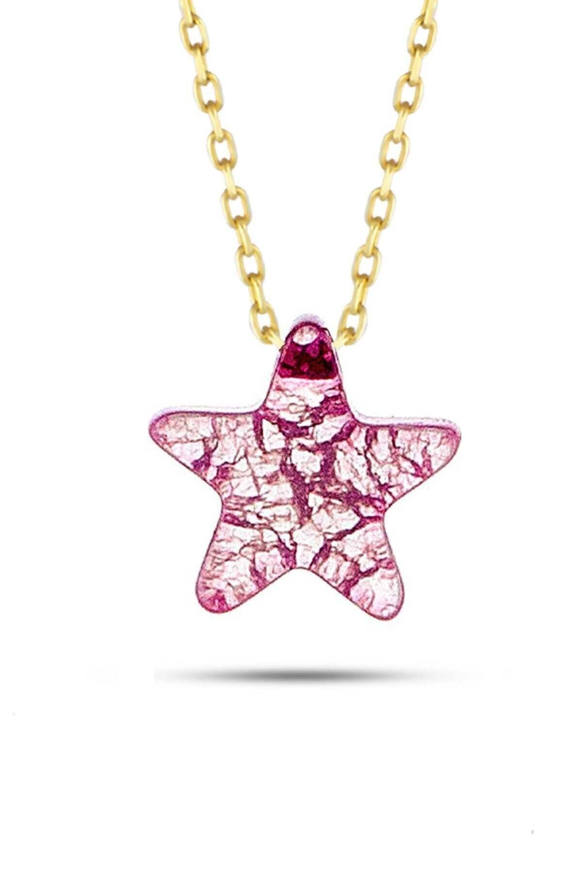Kadın Pembe Renk Yıldız Desenli Doğal Taş Kolye 14 Ayar Altın
