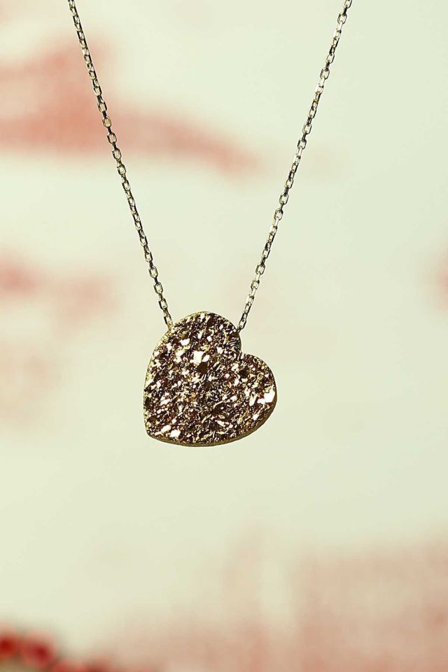 Moom Mücevherat Kadın kalp 14 Ayar Altın Simli Doğal Taş Kolye