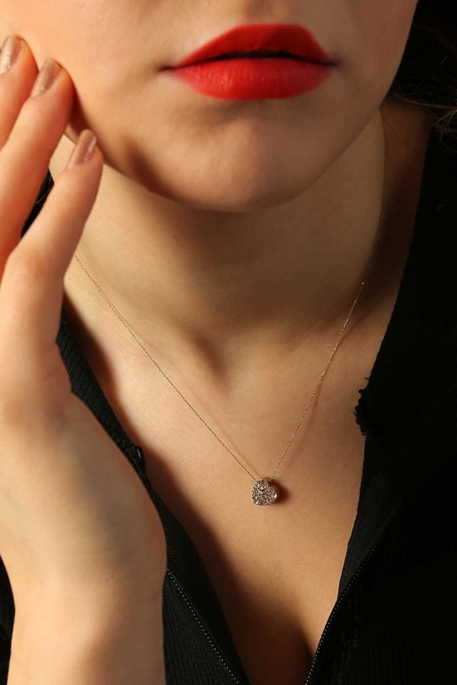 Moom Mücevherat Kadın kalp 14 Ayar Altın Simli Doğal Taş Kolye