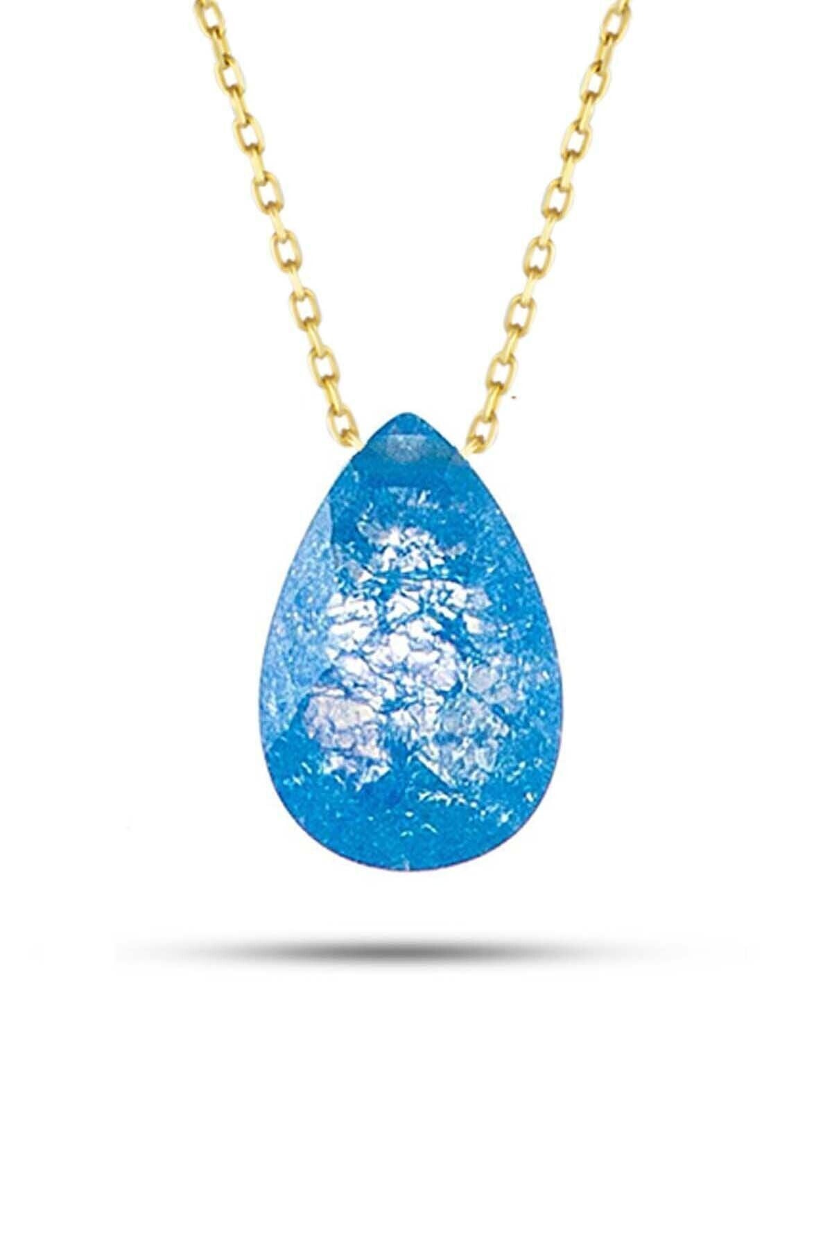 Kadın Mavi Renk Damla Taş Kolye 14 Ayar Altın