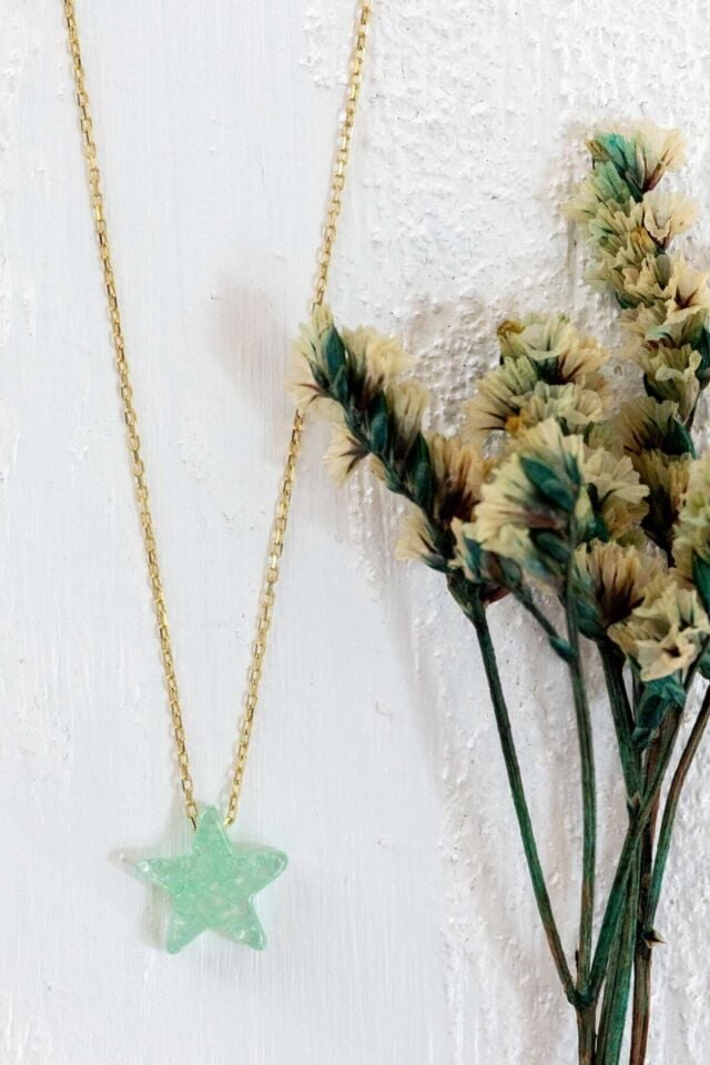 Kadın Yıldız Desenli Doğal Taş Kolye 14 Ayar Altın