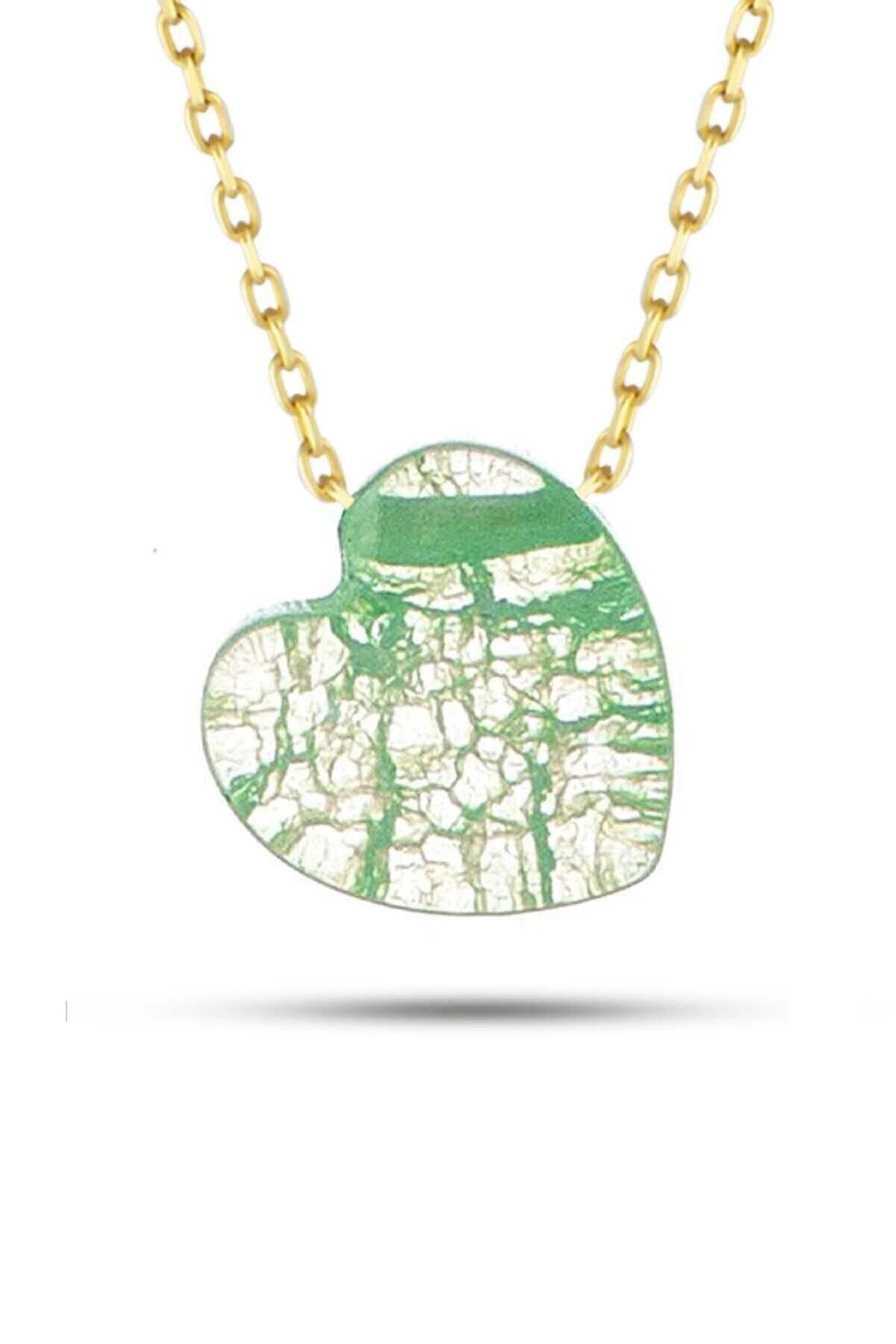 Kadın Yeşil  Kalp Desenli Taş Kolye 14 Ayar Altın