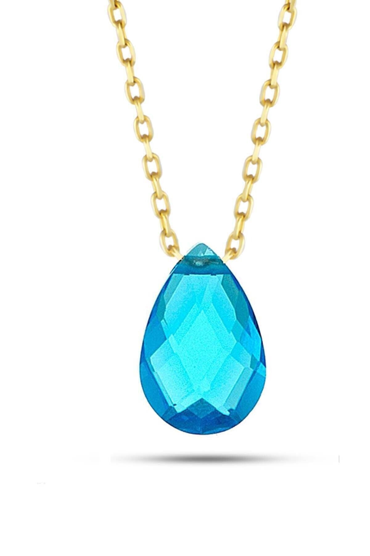 Kadın Damla Taşlı Mavi Renk Kolye 14 Ayar Altın