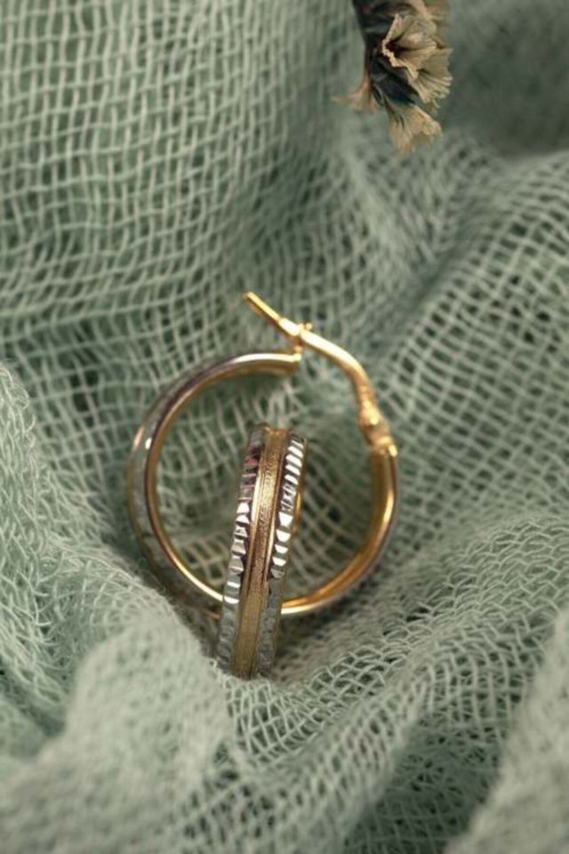 Moom Mücevherat Kadın 14 Ayar Altın 2 Renk Yeşil Beyaz Halka Küpe