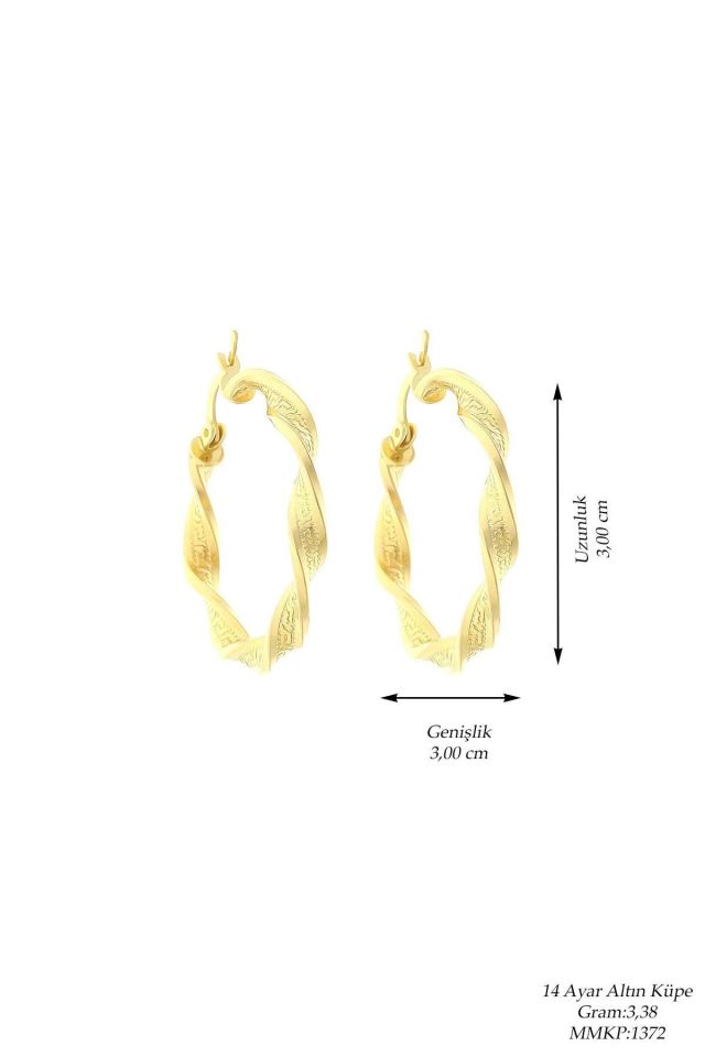 Moom Mücevherat Kadın 14 Ayar Altın 3cm Fantezi İtalyan Kalemli Grek Modelli Halka Küpe