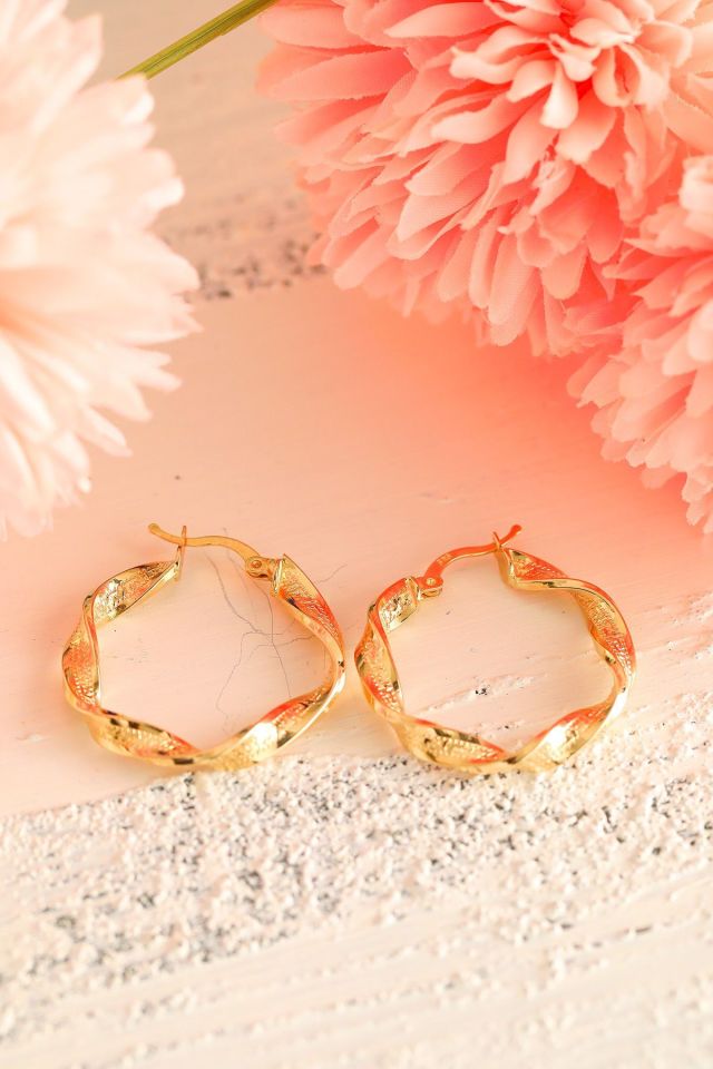 Moom Mücevherat Kadın 14 Ayar Altın 3cm Fantezi İtalyan Kalemli Grek Modelli Halka Küpe