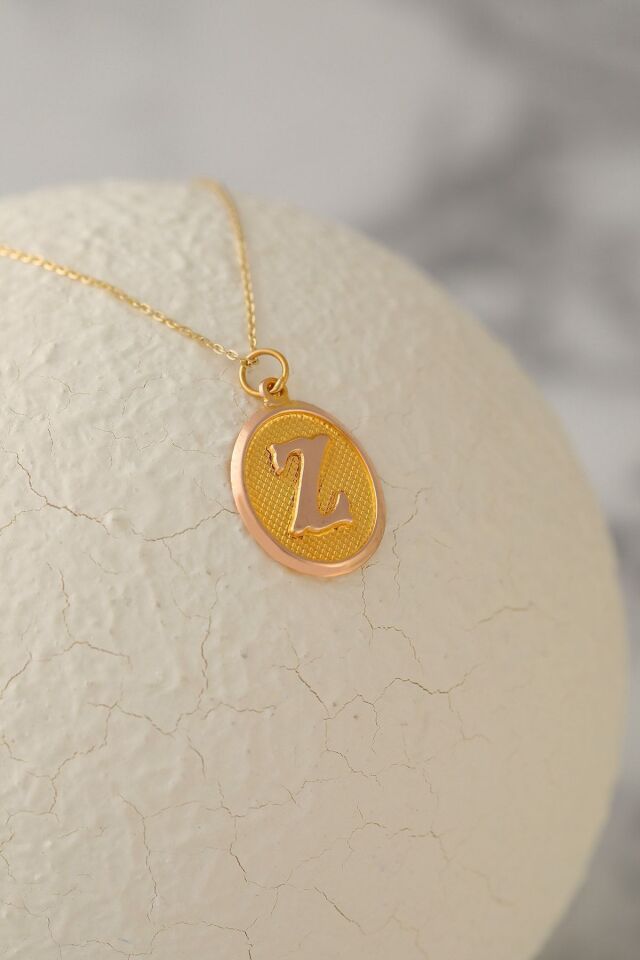 14 Ayar Altın Nostaljik Oval Harfli Zincirli Kolye Z - 55 Cm