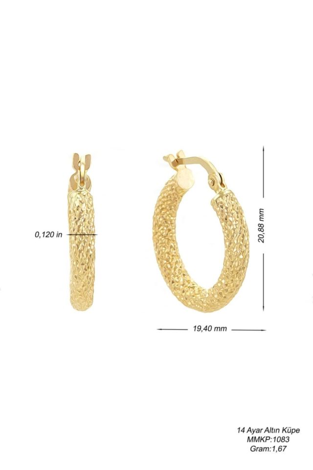 Moom Mücevherat Kadın 14 Ayar Altın Lazer Desenli Halka Küpe