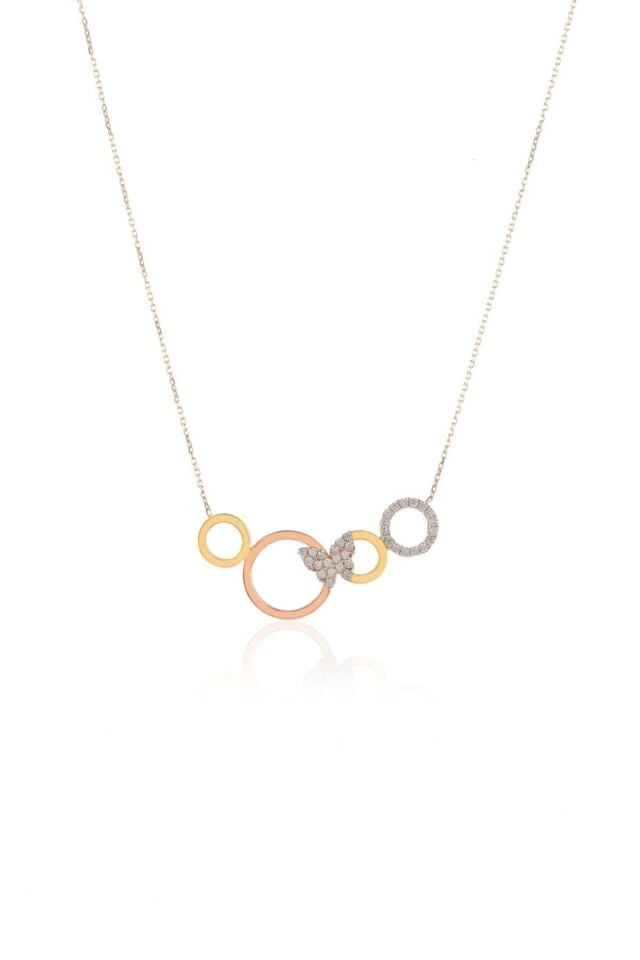 Kadın Yeşil Beyaz Rose Üç Renk Kolye 14 Ayar Altın