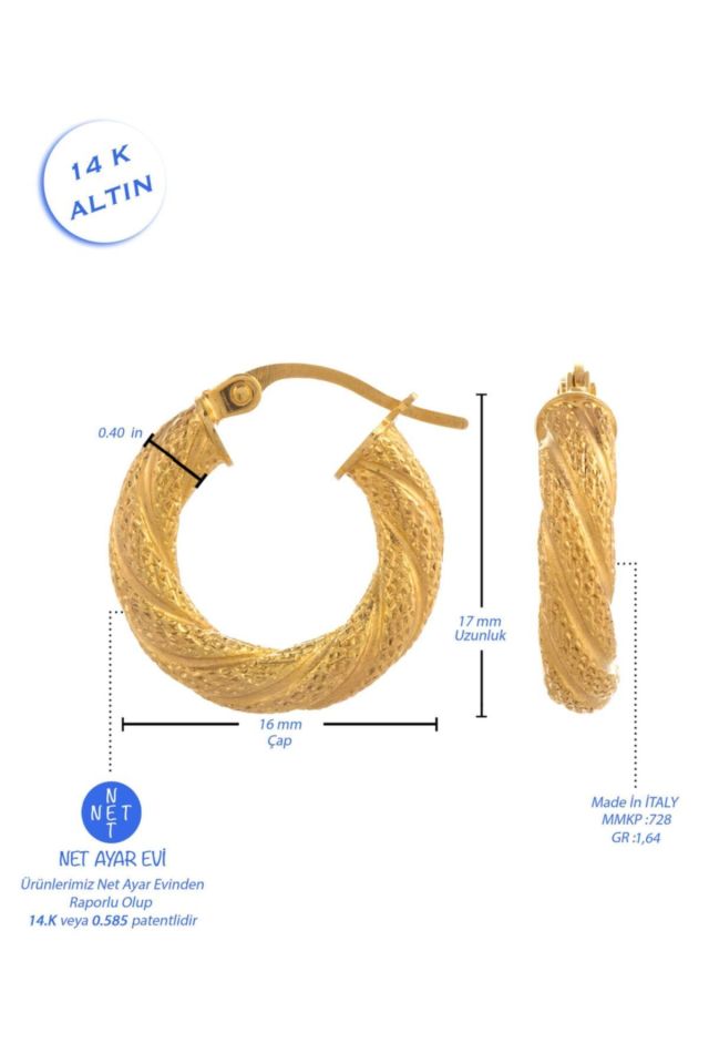 Moom Mücevherat Kadın İtalyan Desenli Halka Küpe 14 Ayar Altın (2 cm)
