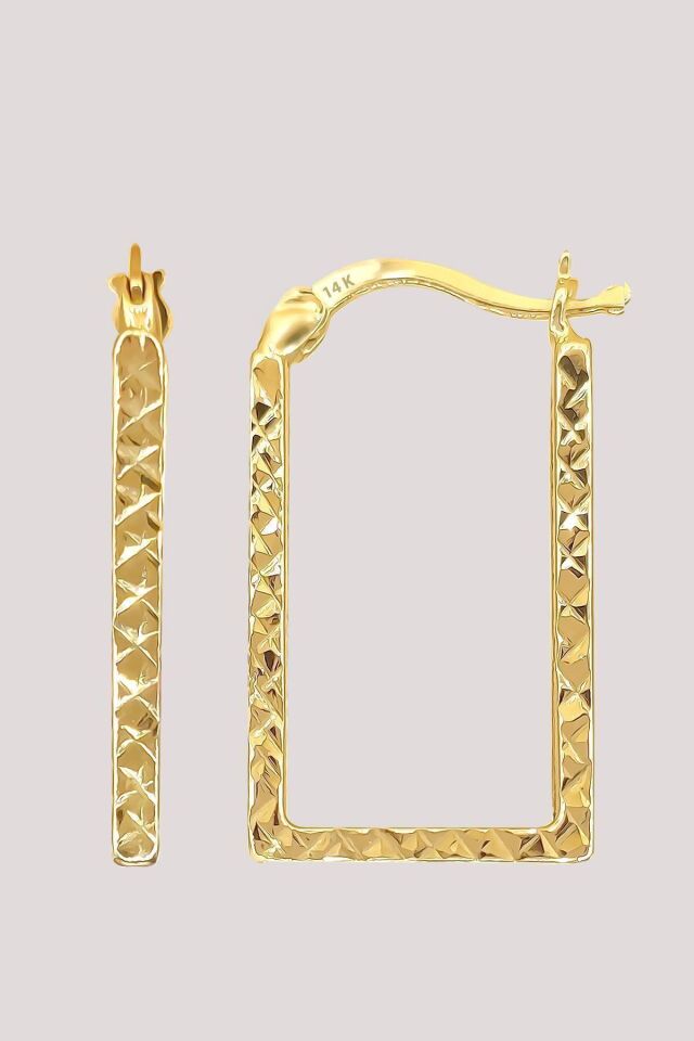 Altın Küpe 14 Ayar Altın Kare Halka Desenli Küpe-2,30 CM