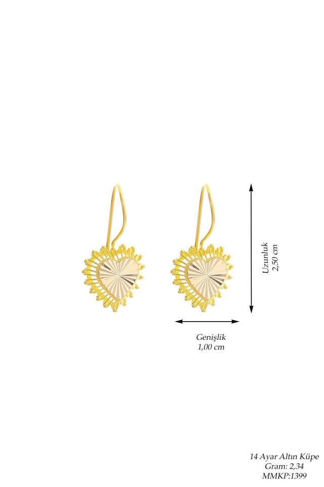 Moom Mücevherat Kadın 14 Ayar Altın Kırmızı Telkari Kalpli Küpe