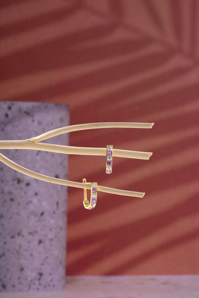 Moom Mücevherat 14 Ayar Altın Küpe Mor Taşlı Çocuk küpesi