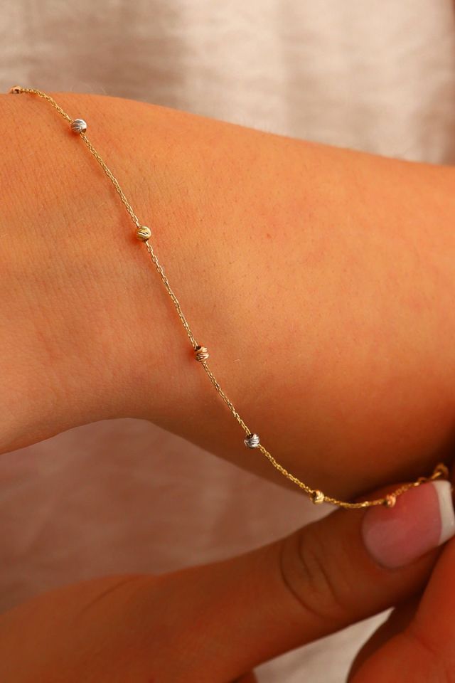 14 Ayar Altın Dorika Toplu Altın Bileklik Renkli Toplar Tek Sıra