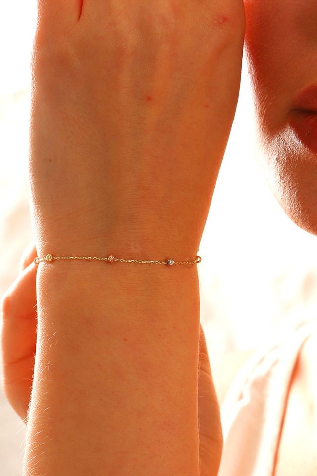 14 Ayar Altın Dorika Toplu Altın Bileklik Renkli Toplar Tek Sıra