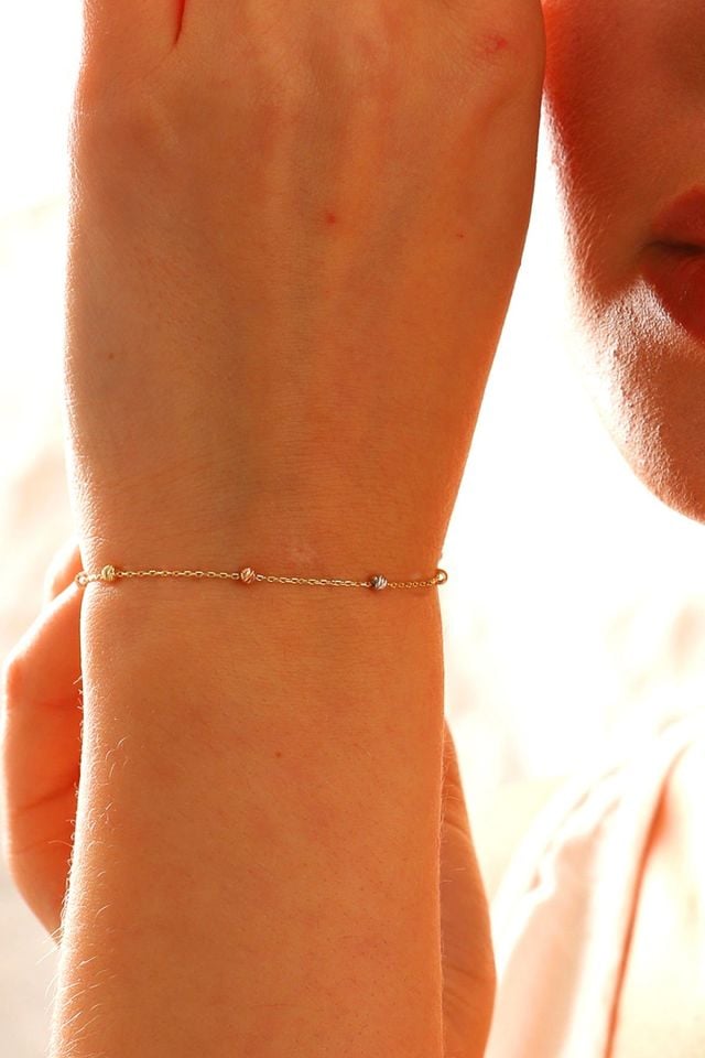 14 Ayar Altın Dorika Toplu Altın Bileklik Renkli Toplar Tek Sıra